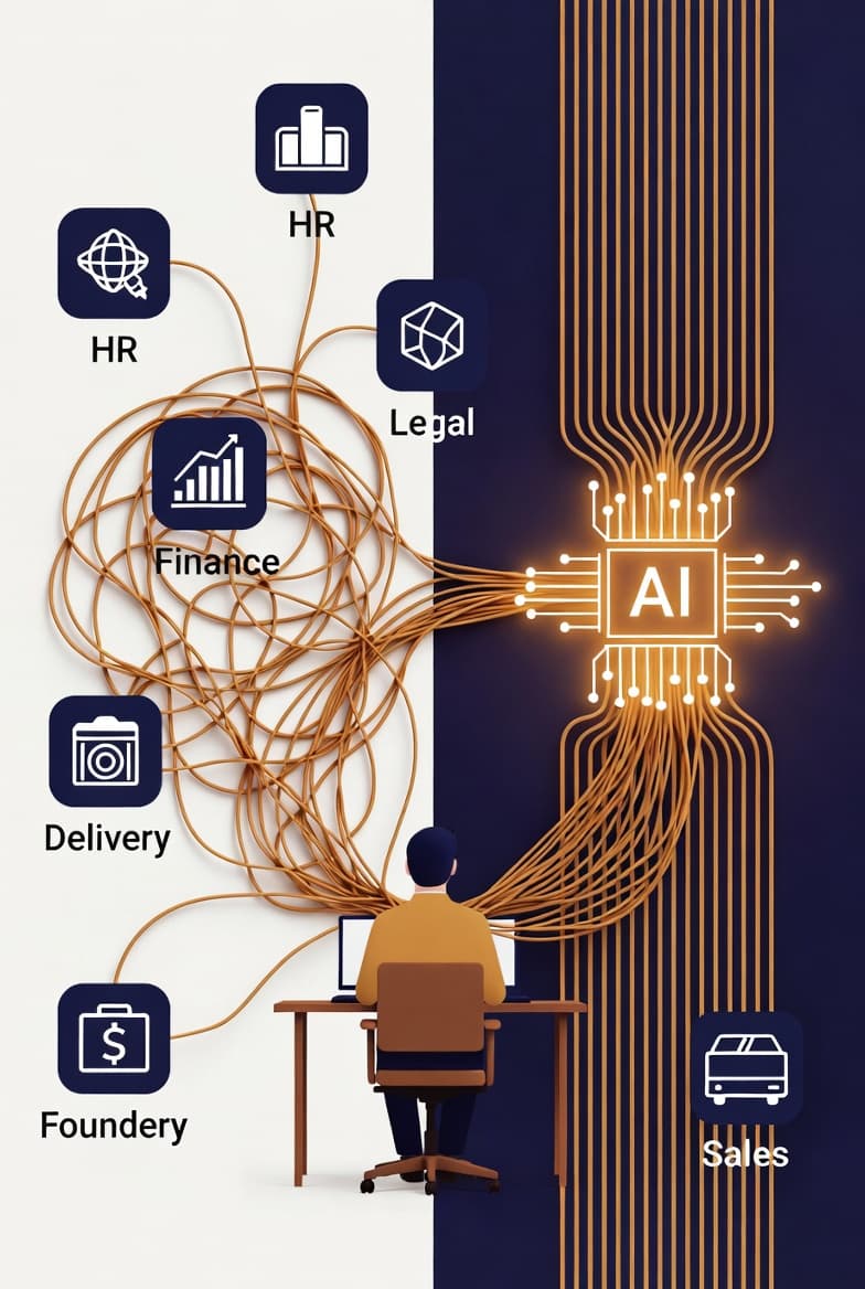 Operations tangled vs AI-rewired — from chaos to structured workflows
