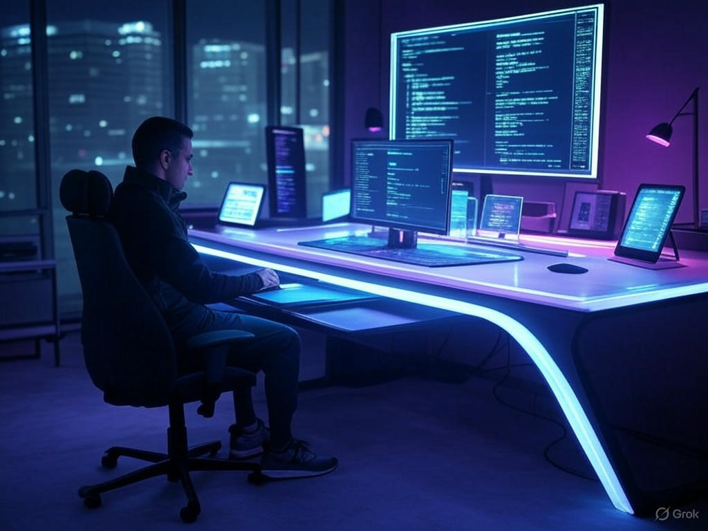 Developer working in a modern tech setup with multiple screens showing code in a purple-lit environment