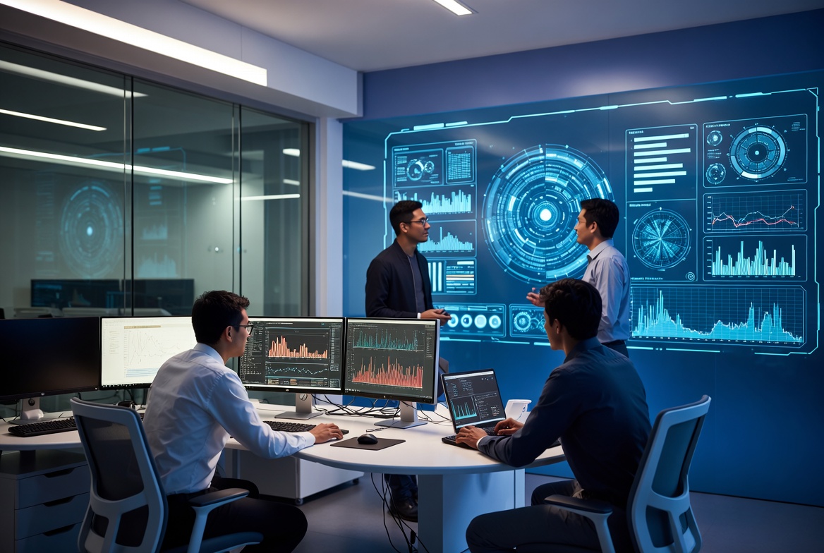 An enterprise dashboard flashing red alerts over a codebase schematic